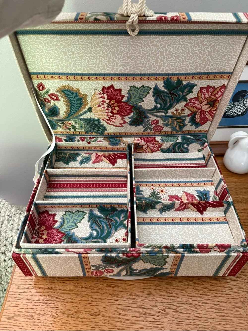 Vintage Rosenthal Fabric covered jewelry boxes photo storage rope detail floral